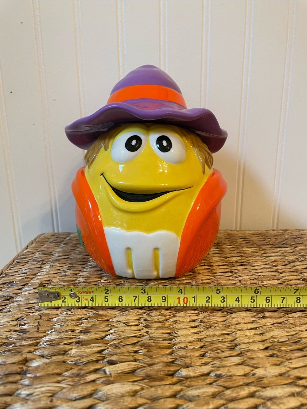 NWOB- Scarecrow Halloween Candy Jar - Purple Hat Orange Jacket Yellow M&M